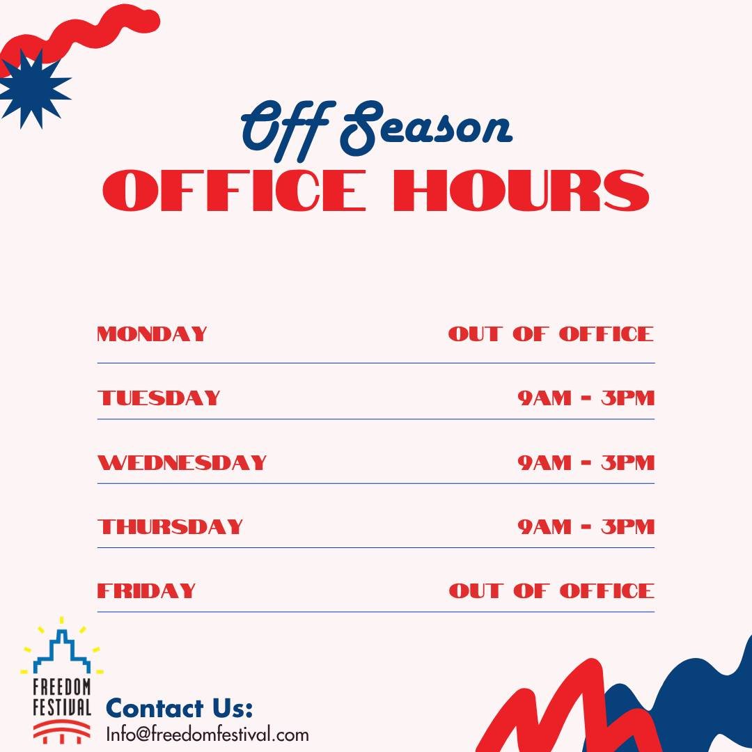 📣 New Office Hours!

As we head into the off-season, our Freedom Festival office hours are changing!

Our team will be in the office Tuesday through Thursday from 9 AM&ndash;3 PM and out of the office on Mondays and Fridays.

Need to get in touch wi