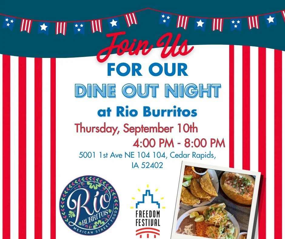 🌮 Good food + a great night out? We&rsquo;re in! ❤️💙

Join us for a Dine Out Night at Rio Burritos on Thursday, September 10th! Stop by between 4:00&ndash;8:00 PM to enjoy some delicious Mexican street food while supporting the Cedar Rapids Freedom