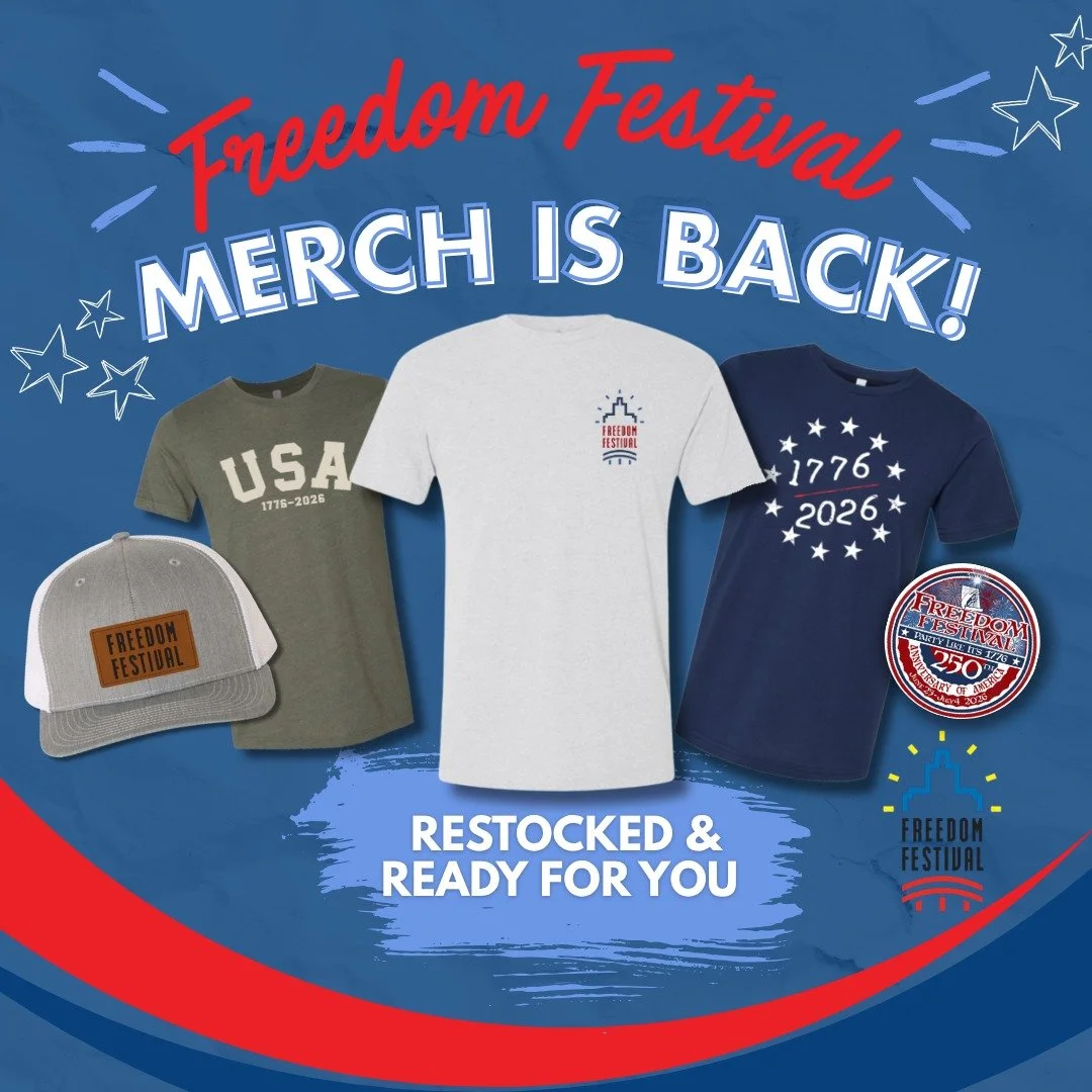 Freedom Festival merch is RESTOCKED!❤️💙

Some of your favorites are back and ready for you! 🎉 From tees and hats to gear celebrating America&rsquo;s 250th, there&rsquo;s something for every Freedom Festival fan.

Show off your Freedom Festival prid
