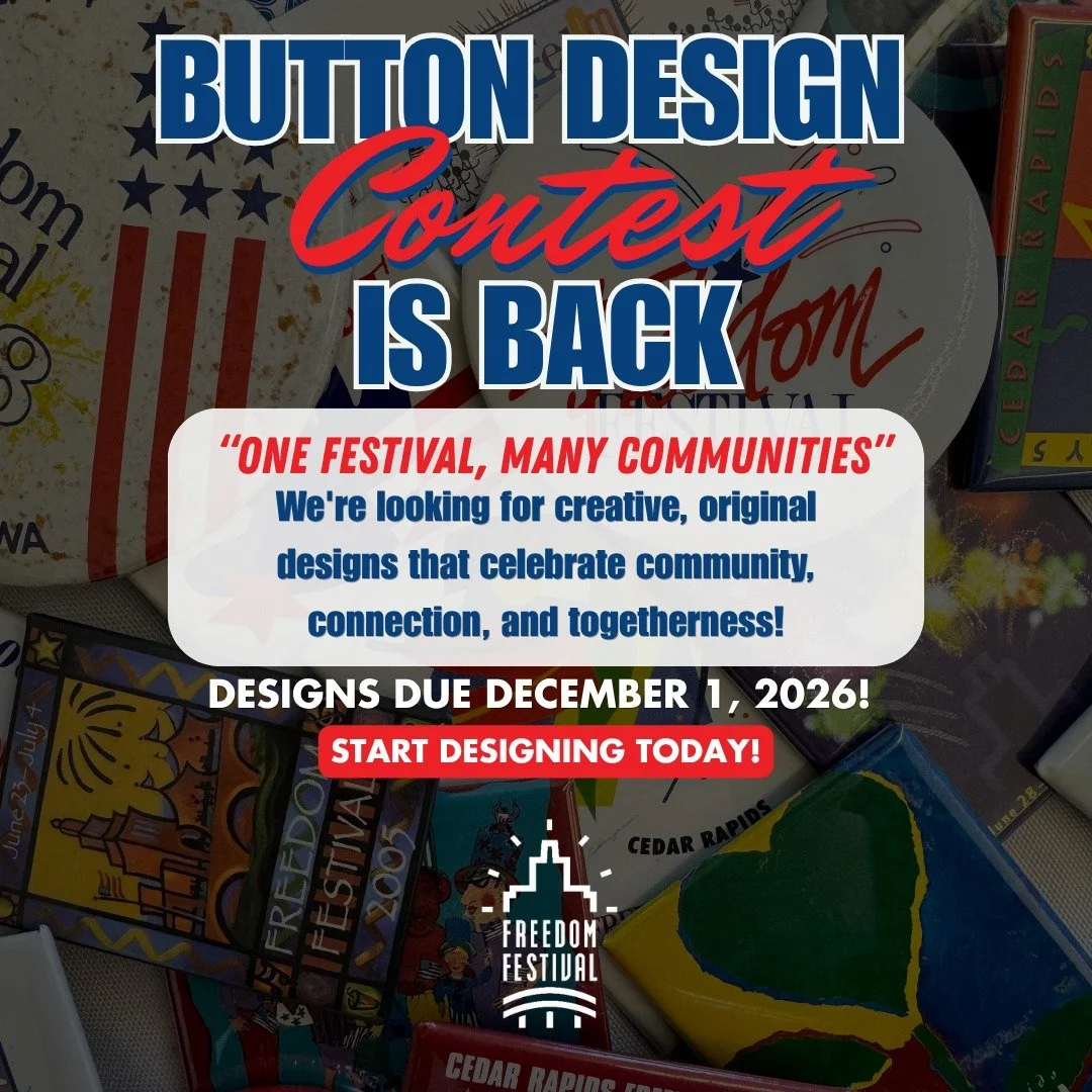 YOUR DESIGN COULD BE OUR NEXT FESTIVAL BUTTON! 🎨🎉

The 2027 Freedom Festival Button Design Contest is officially BACK, and we want to see YOUR creativity! 

This year's theme is "One Festival, Many Communities!" ❤️🤍💙

We're calling on a