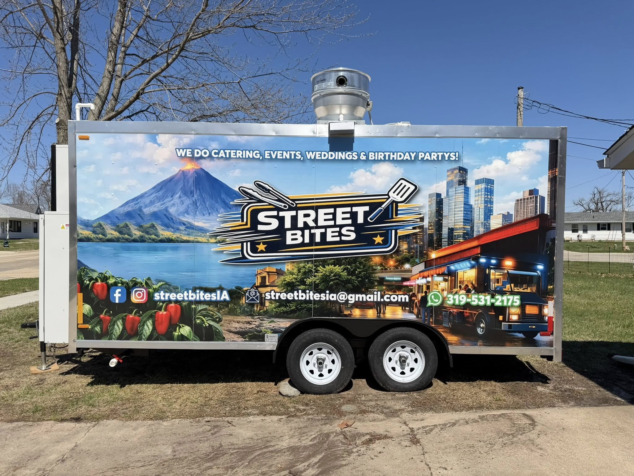 Street Bites food trailer featuring a colorful custom wrap with the Street Bites logo and food truck imagery.
