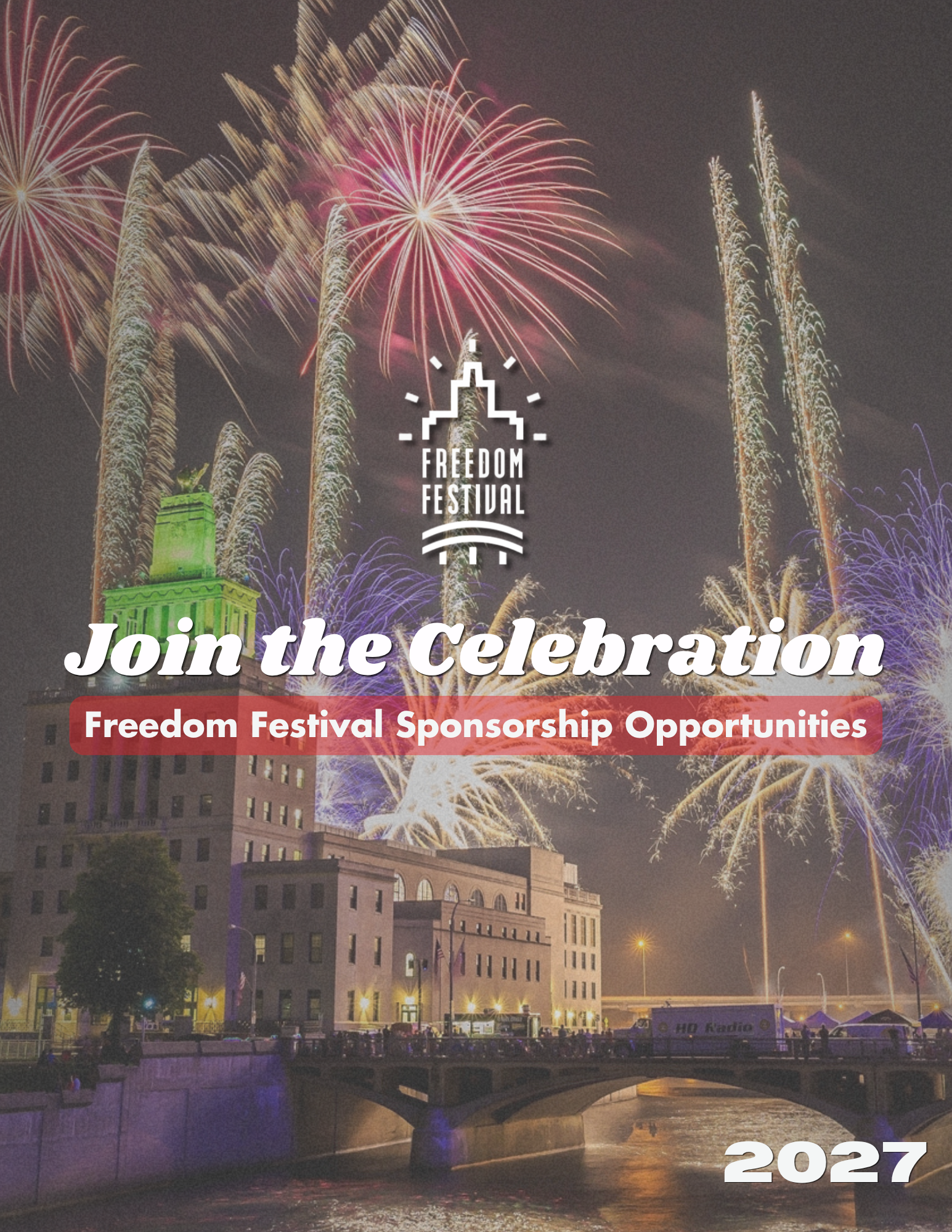 2027 Freedom Festival Sponsorship Opportunities cover featuring fireworks over downtown Cedar Rapids with the Freedom Festival logo and “Join the Celebration."