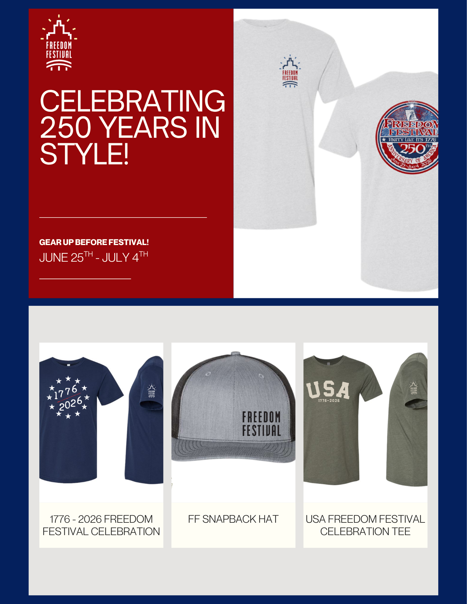 freedom festival apparel graphic displaying some original items to celebrate 250 years of america