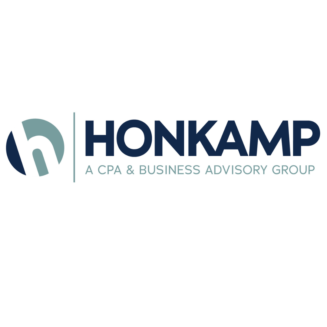 Company logo for Honkamp, a CPA and Business Advisory Group. The logo features a circular emblem with a stylized 'h' and 'k' and the company name in bold blue letters.