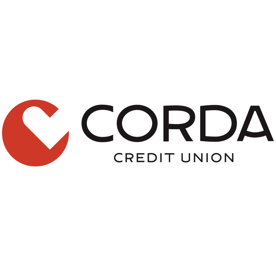 Corda Credit Union logo with a red circle containing a white heart-shaped check mark, and black text for the credit union's name.