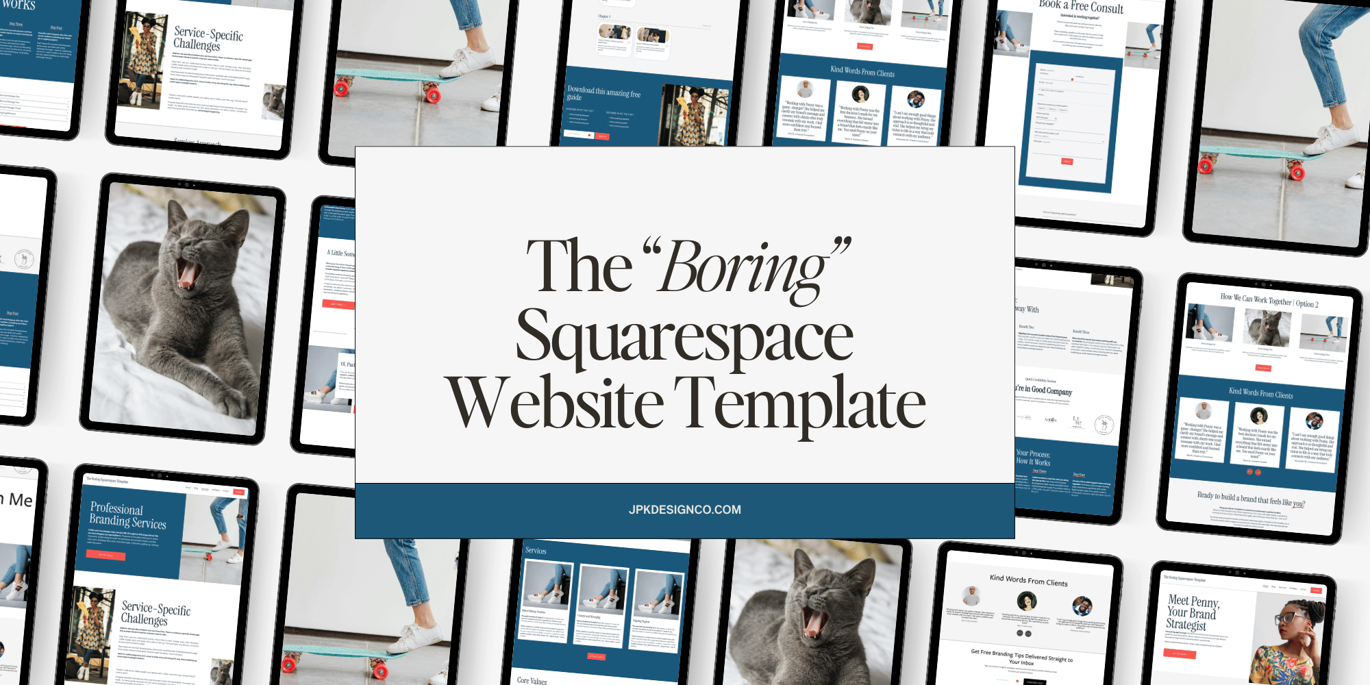 A digital display of various tablet screens showing website templates for Squarespace, with a central banner reading 'The "Boring" Squarespace Website Template' and a URL at the bottom, surrounded by images of a yawning cat and a person skateboarding.