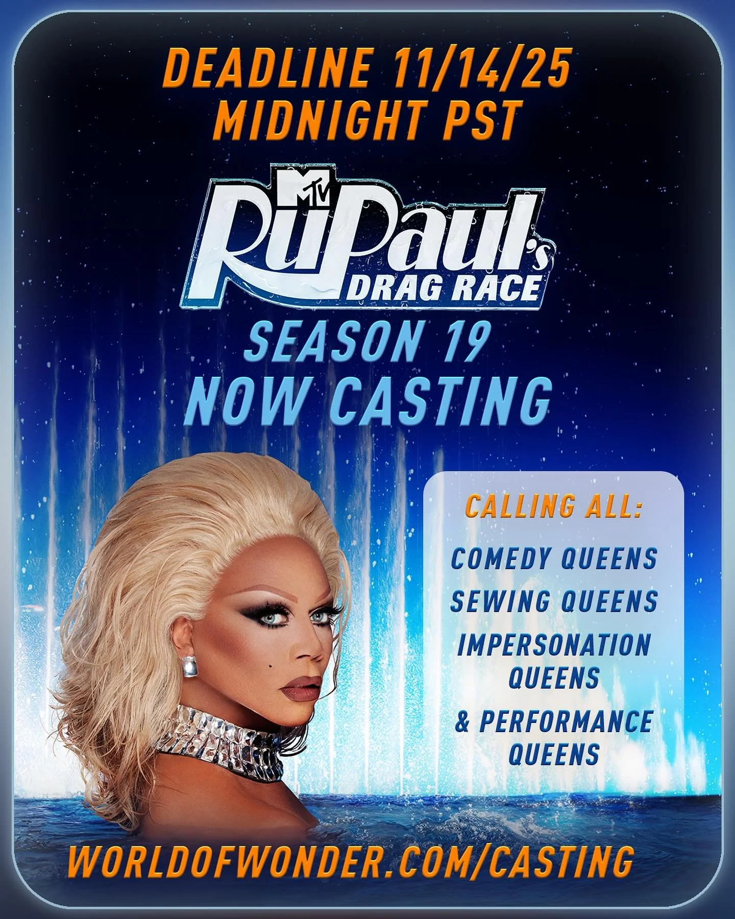 RuPaul&rsquo;s Drag Race is casting season 19!! do you think you have what it takes? Do you think you are that gurl?!!! Then make sure you get your tape in by November 14!!!