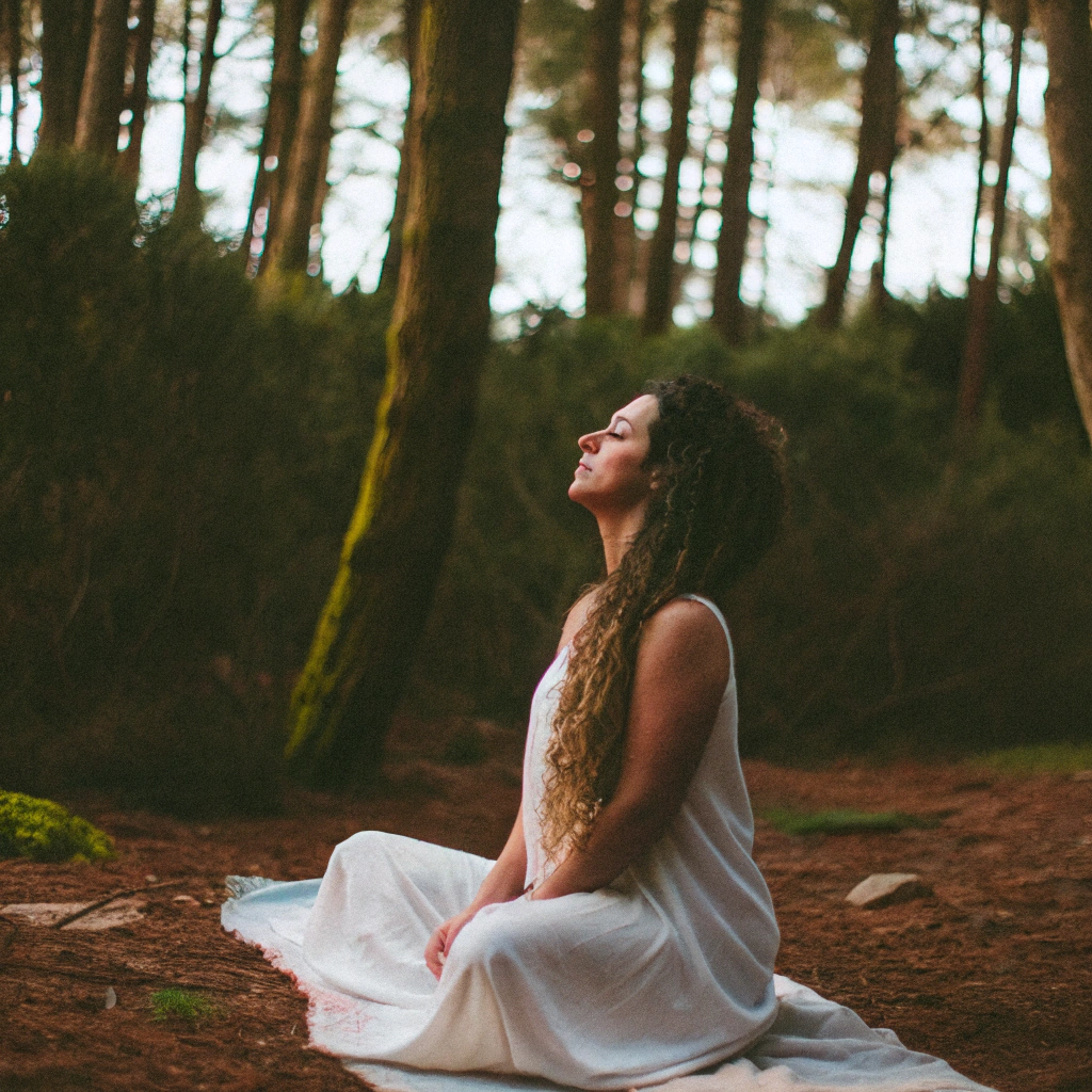 A woman wearing a white sleeveless dress meditates in a forest, she sits on a white blanket.