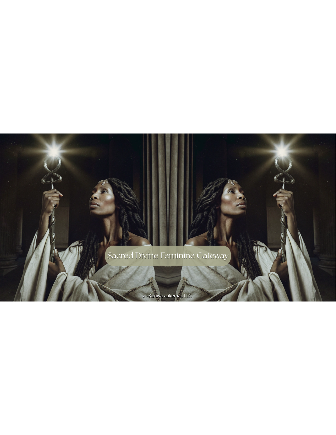 Mirrored image of an ancient Oracle holding a Caduceus staff with a burst of light radiating from the top. There is a stone pillar behind her. 