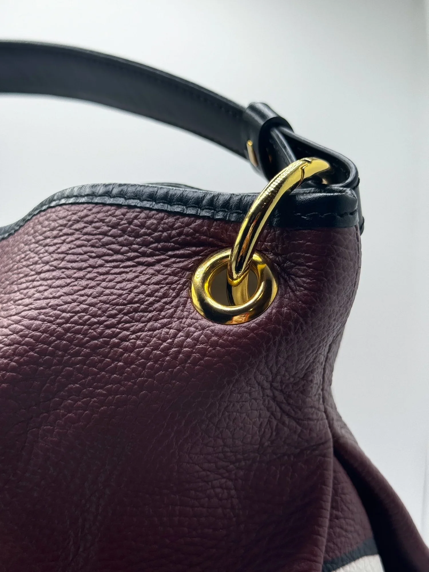 Close up image of a black leather strap of a maroon colored leather handbag, with gold accents.