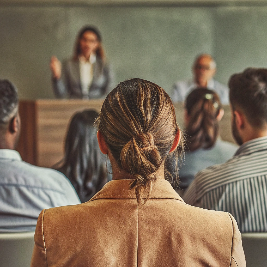 A small group of staff sit and listen to a female presenter leading a presentation. In the foreground of the photo, a woman wearing a brown blazer with her hair pulled back in a low bun is in the center of the photo.