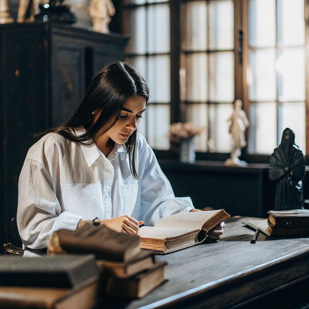 A woman with black hair wearing a white collard button down shirt sits at a large desk and reads. There are other books stacked on the desk in front of her.