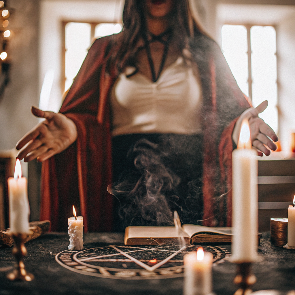 A woman wearing a dark red robe stands in front of a spiritual altar with candles, an opened book and ancient magical symbols.