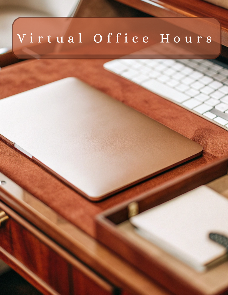 Image of a laptop and white keyboard on a suede brown desk. The text, "Virtual Office Hours" is written on the photo.