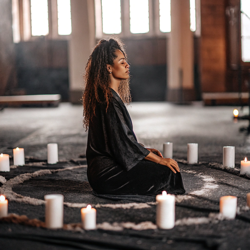 A woman sits in meditation, while wearing a black velvet robe. There are white pillar candles surrounding her in a circle, encircling a ring of salt. Her curly black and auburn hair flows down her back.