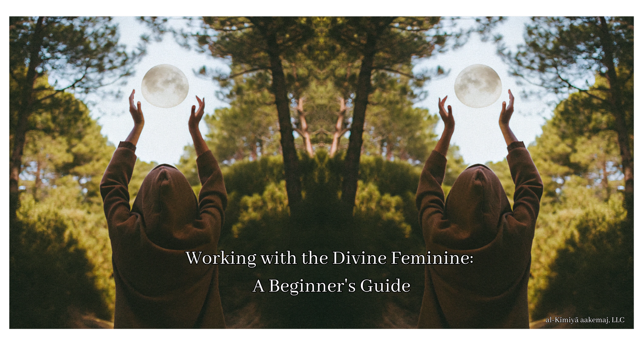 A woman wearing a brown hooded jacket in a forest stands in front of trees with her hands raised to the sky, with a full moon above her.