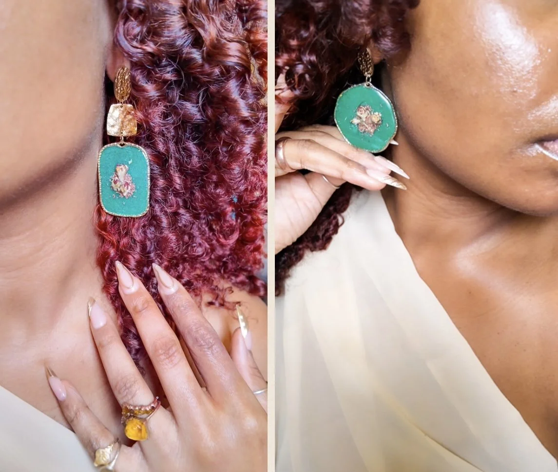 Split screen image of a model wearing gold dangle rectangle and circle earrings featuring blue-green crystal resin with flower petals in the center.