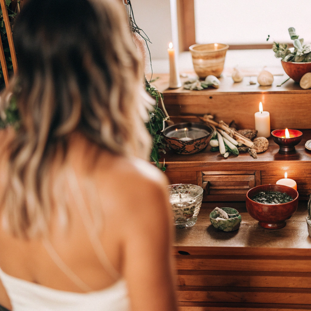 A woman sits in front of a spiritual altar with candles, and magical herbs. She wears a sleeveless white top and her wavy dirty blonde hair flows down her shoulders.