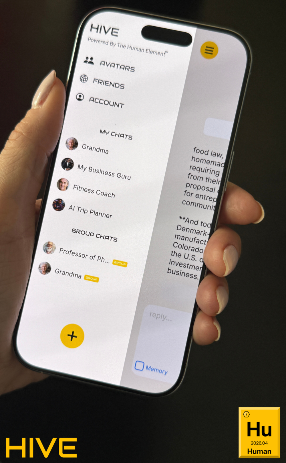 The HIVE app on iPhone, showing your avatars: Grandma, My Business Guru, Fitness Coach, AI Trip Planner.