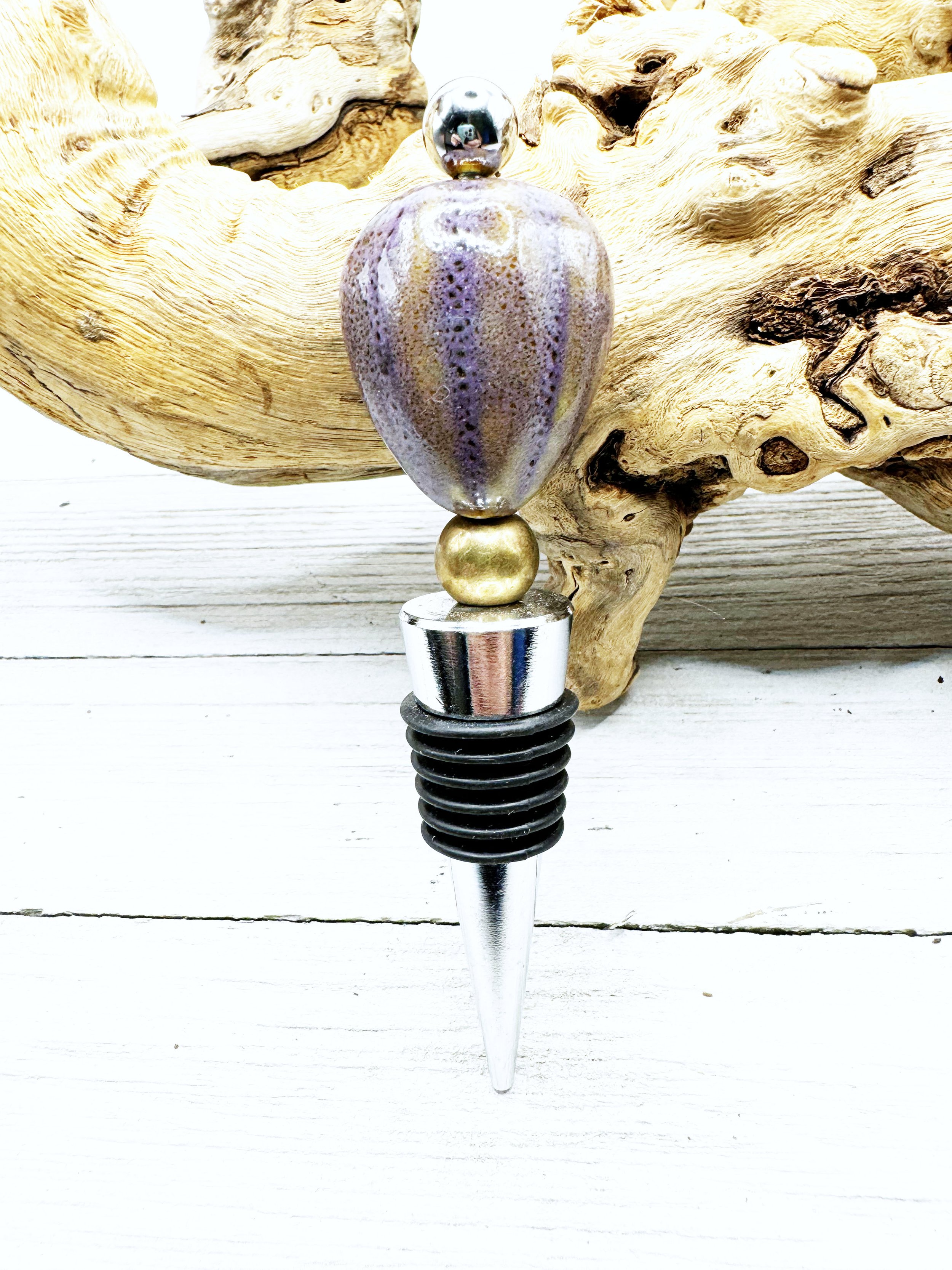 wine stopper Purple and brown textured pear shaped bead .jpg