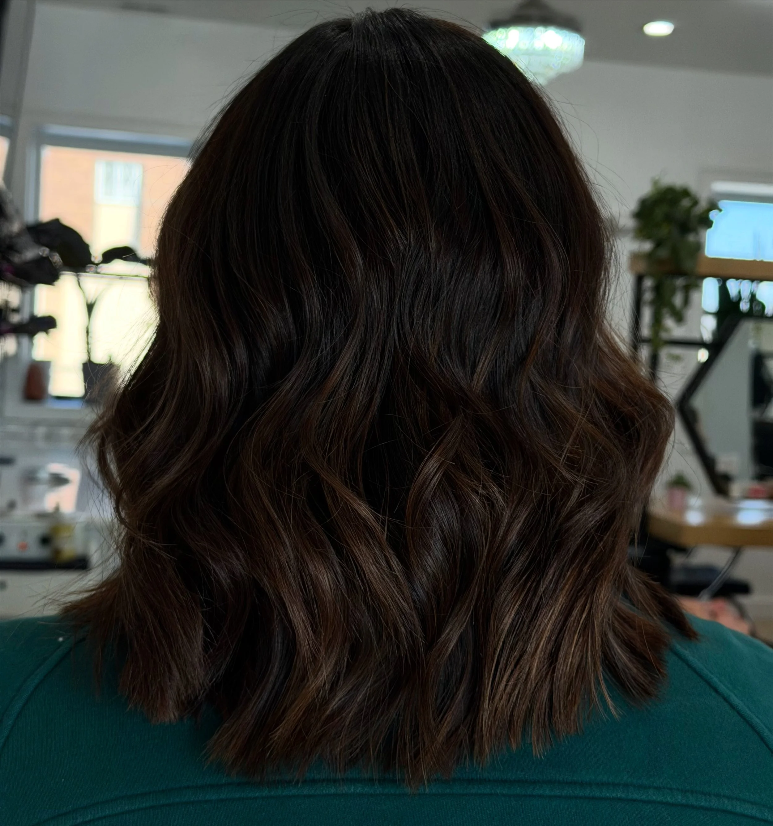 Close-up of a person's head with long, wavy brown hair, viewed from behind, sitting indoors in a room with large windows, a chandelier, and plants.