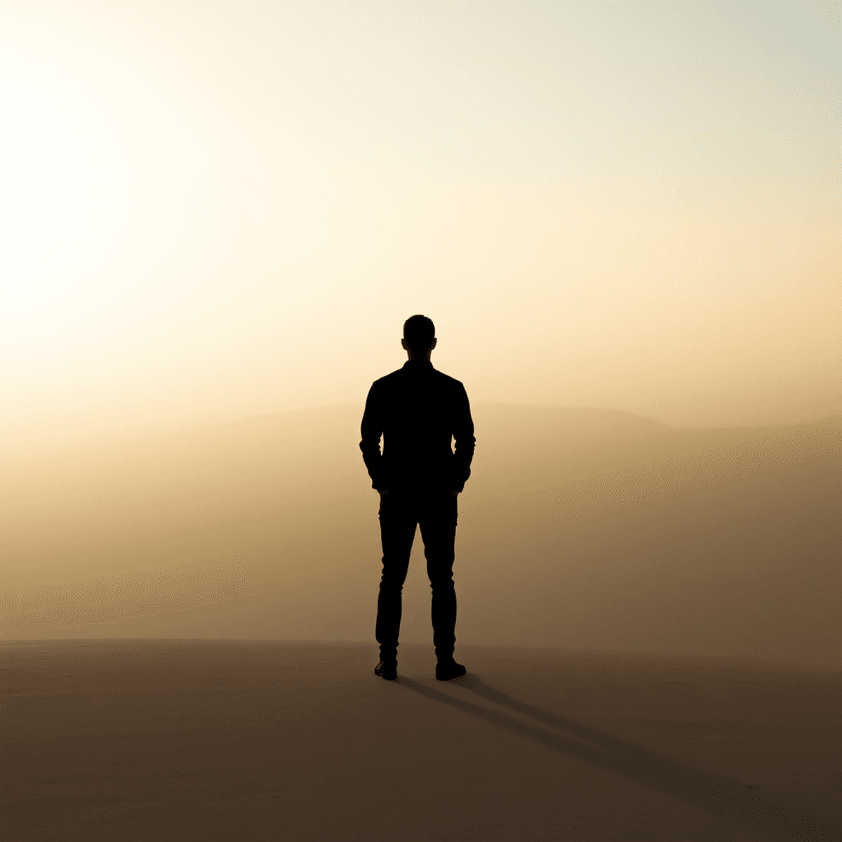 A person stands alone on a sandy landscape, facing the horizon under a hazy, sunlit sky—embracing the journey of finding yourself and honoring sacred authenticity.