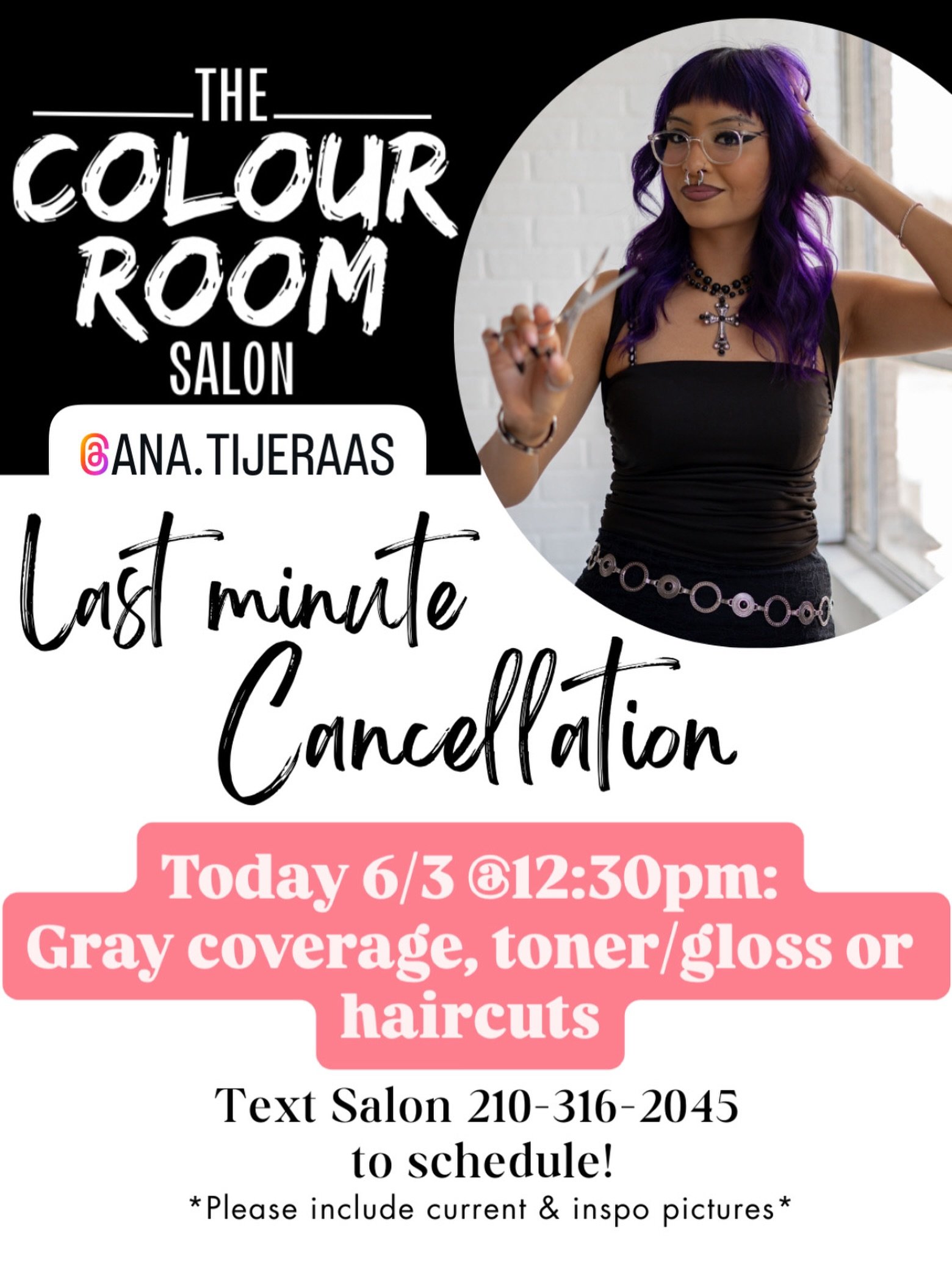 Last minute cancellation for today with @ana.tijeraas ❤️ Please text the salon at 210-316-2045 to schedule your appointment. 🥰