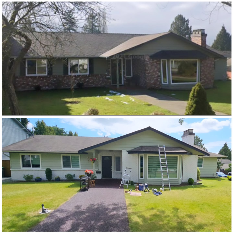 Before and after photos of a house renovation showing the same house with updates to the exterior, including new paint, landscaping, and construction tools in the yard.