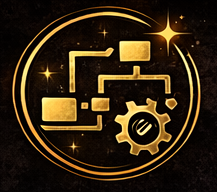 An icon representing a flowchart with connected rectangles and a gear, all enclosed in a circular border with shining stars.
