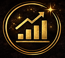 Gold-colored upward trending bar graph with arrow inside a circular frame, symbolizing growth or success, against a starry background.