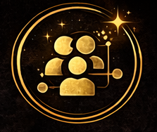 A gold-colored icon of three people connected by lines within a circular frame, set against a black background with star-like details.