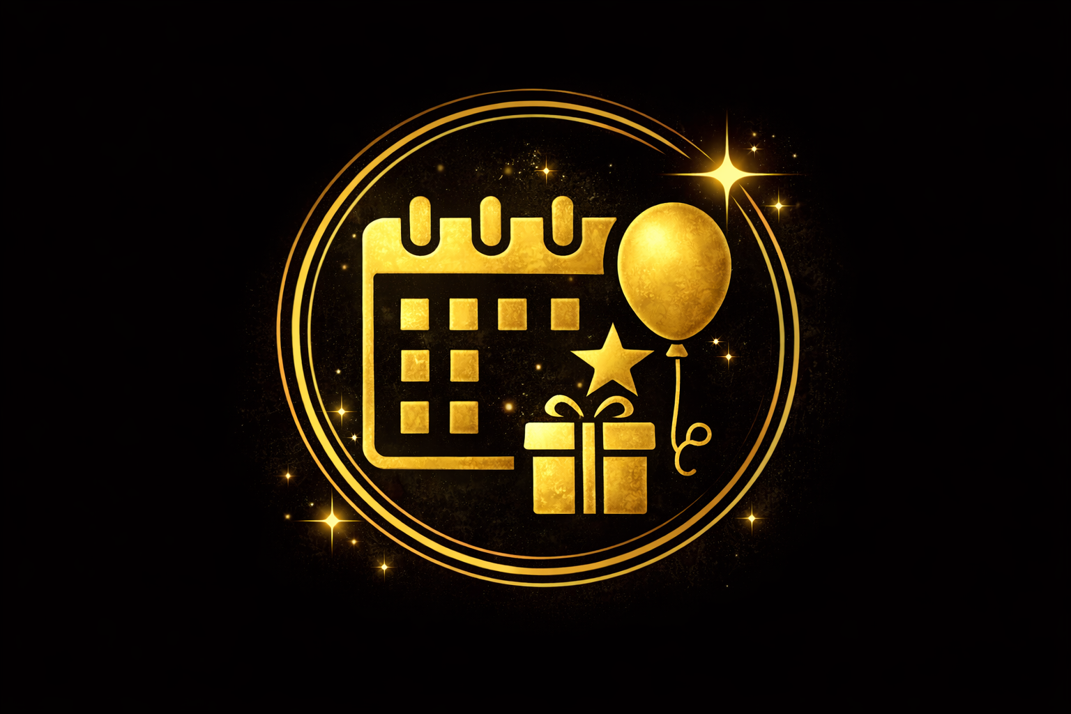 Gold festive icon with a calendar, a gift box, a star, a balloon, and a moon against a black background with sparkles.