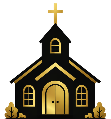 Stylized black and gold church with arched doors and windows, surrounded by bushes.