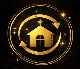 Gold religious symbol featuring a house with a cross on top, surrounded by circular arrows and sparkles on a black background.