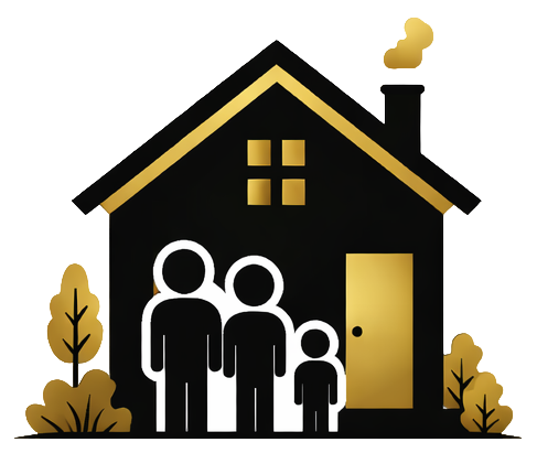 Silhouette of a family of three standing in front of a house with trees and bushes around, in black, gold, and white colors.