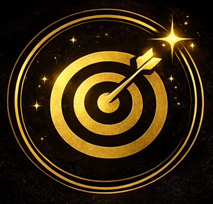 Gold target with an arrow hitting the bullseye surrounded by glowing stars and circular lines in a black background.