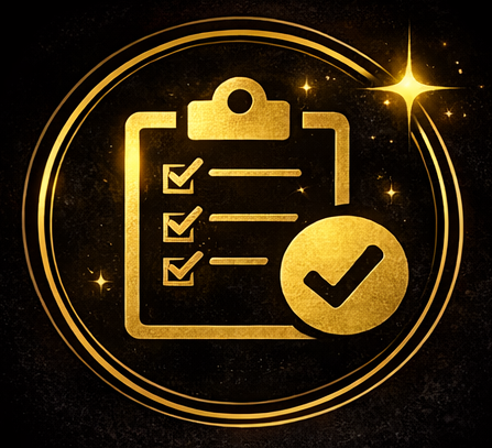 Gold checklist with checkmarks and a large checkmark inside a circle, set against a dark, starry background with glowing effects.