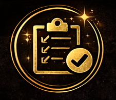 Checklist on a clipboard with a large checkmark and gold sparkles in the background.