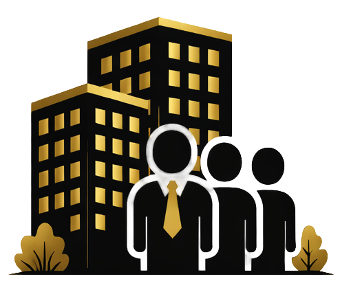 Silhouette of a businessman with a yellow tie standing in front of tall office buildings at night, with other silhouettes of people in the background.