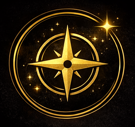 A gold compass rose surrounded by golden rings and sparkles on a black background.
