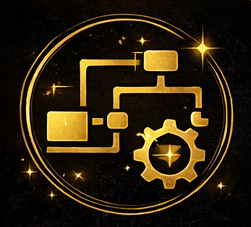Golden icon representing a flowchart or system process with interconnected boxes, a gear, and sparkles on a black background.