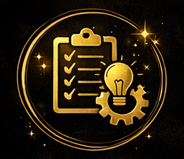 Gold and black graphic featuring a clipboard checklist, a lightbulb, and a gear, surrounded by sparkles.