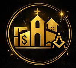 Golden religious symbols including a church with a cross, houses, a dollar sign, and a person praying, all within a circular glow.