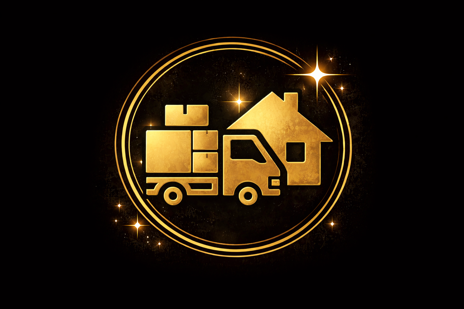 Gold icon of a moving truck with a house on top, surrounded by a golden circular border with stars and sparkles, symbolizing delivery or moving services.