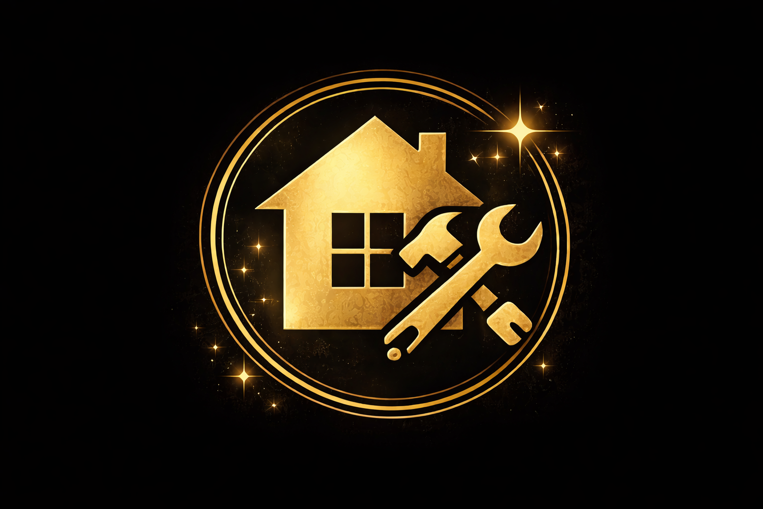Golden house, hammer, and wrench icons inside a circular design with sparkling star effects on a black background, representing home repair or renovation.