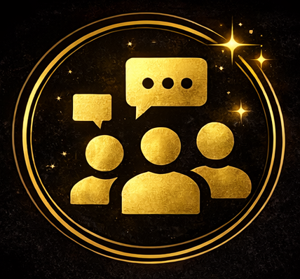 Golden icon of three people with speech bubbles, set in a circular frame with stars and sparkles on a black background.