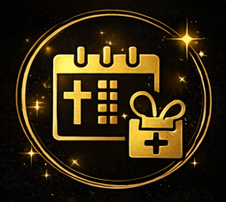 Golden calendar icon with a cross and grid, accompanied by a gift box with a cross, set against a dark background with gold sparkles.