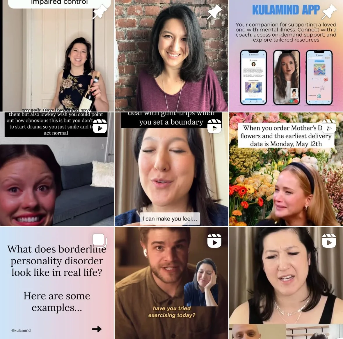 A collage of nine images featuring women, a man, and promotional content about mental health and personality disorders. The images include smiling women, someone ordering flowers for Mother's Day, and a person discussing borderline personality disorder.