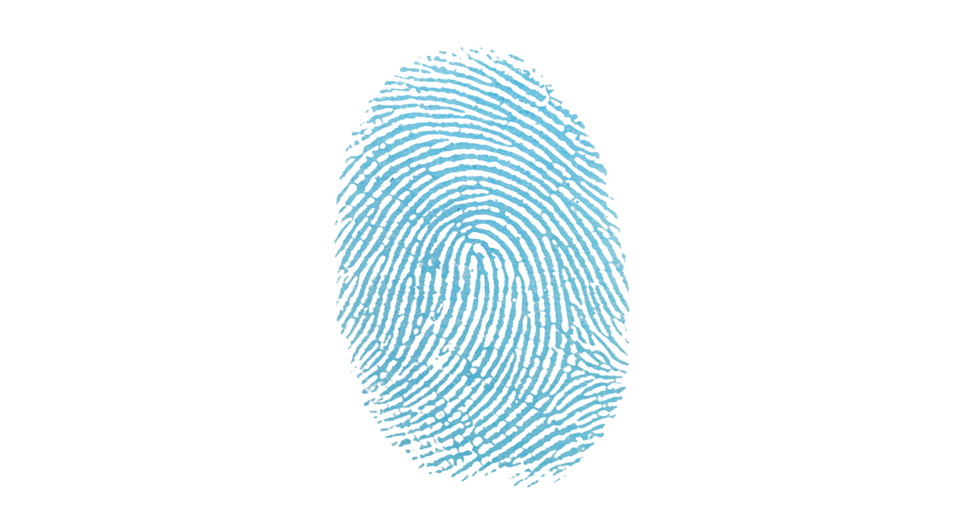 Close-up illustration of a blue fingerprint on a black background.