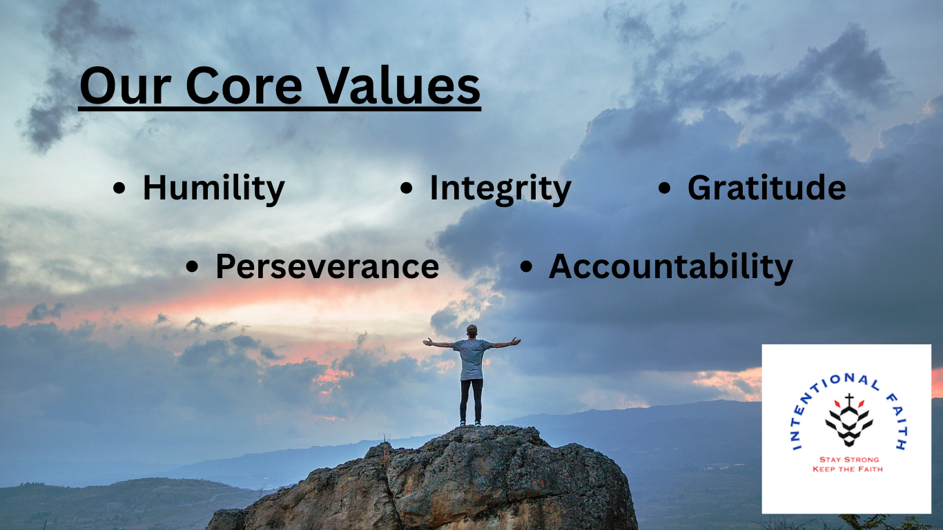 A person standing on a rock with arms outstretched against a cloudy sky during sunset. Text overlay lists core values: Humility, Perseverance, Integrity, Gratitude, Accountability. Bottom right logo reads 'International Faith' with the motto 'Stay Strong, Keep the Faith.'